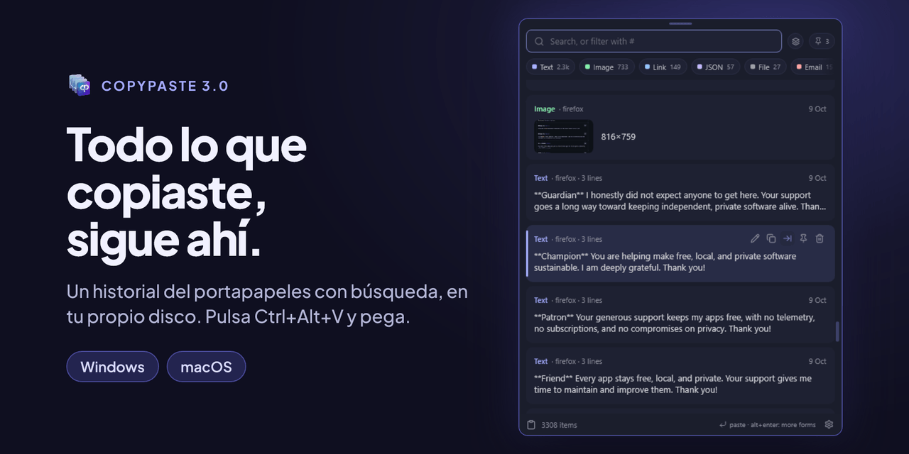CopyPaste 3.0: el panel del portapapeles con su buscador, los filtros por tipo y un historial de textos e imágenes