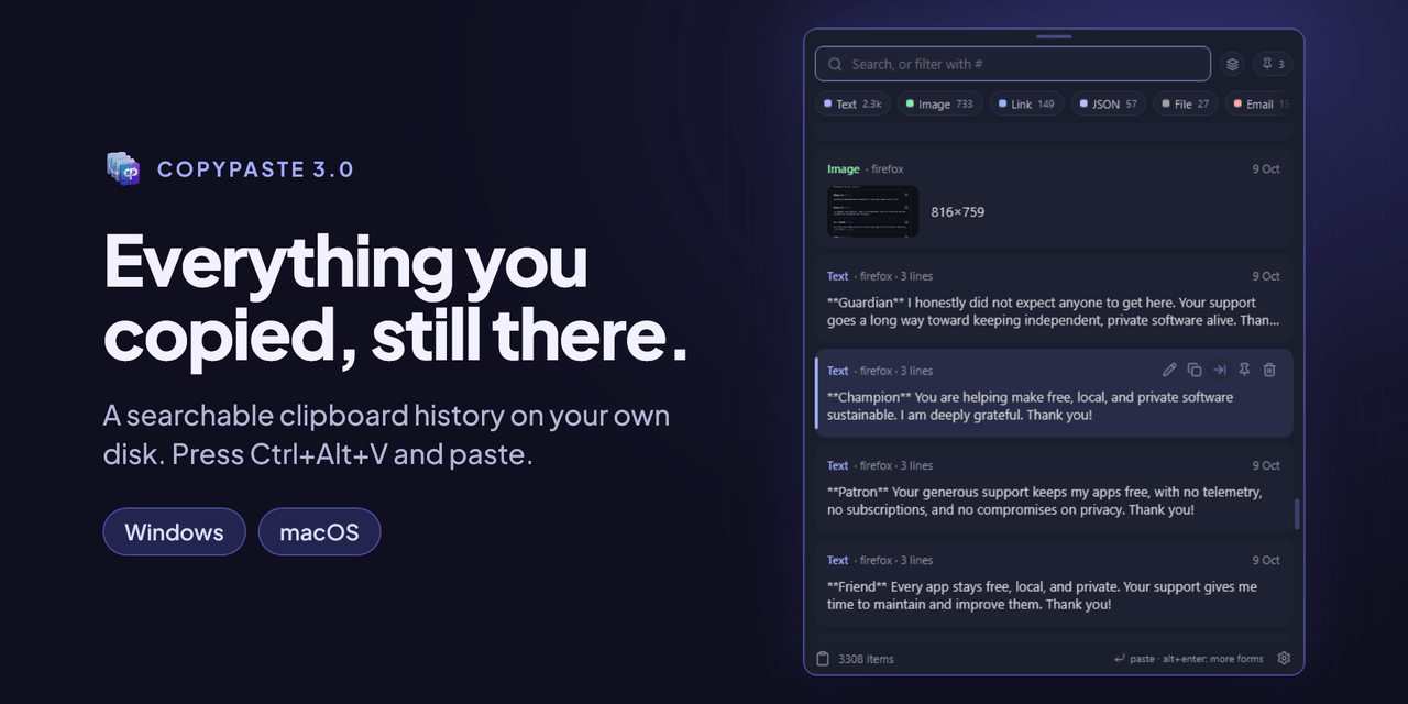 CopyPaste 3.0: the clipboard panel with its search box, filters by kind and a history of text and images